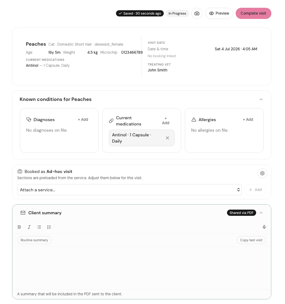 Qwoll Professional Portal visit editor for Peaches — patient header, known conditions and a client summary