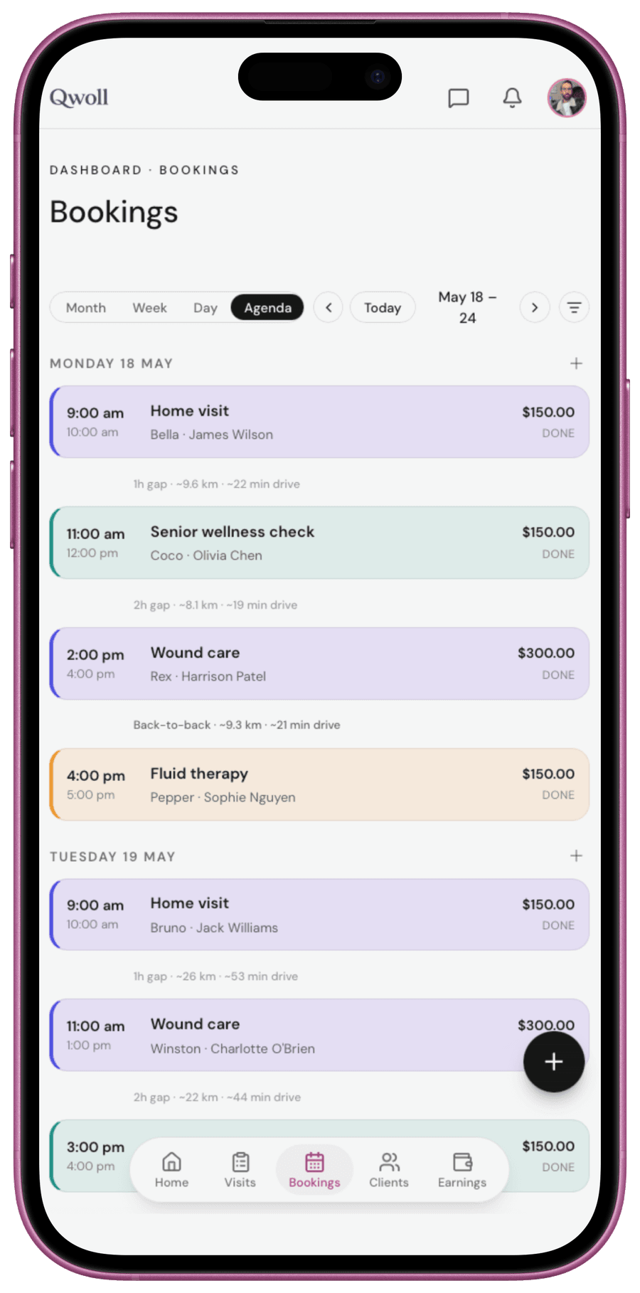 Qwoll Professional Portal mobile bookings agenda — the day’s visits with drive times