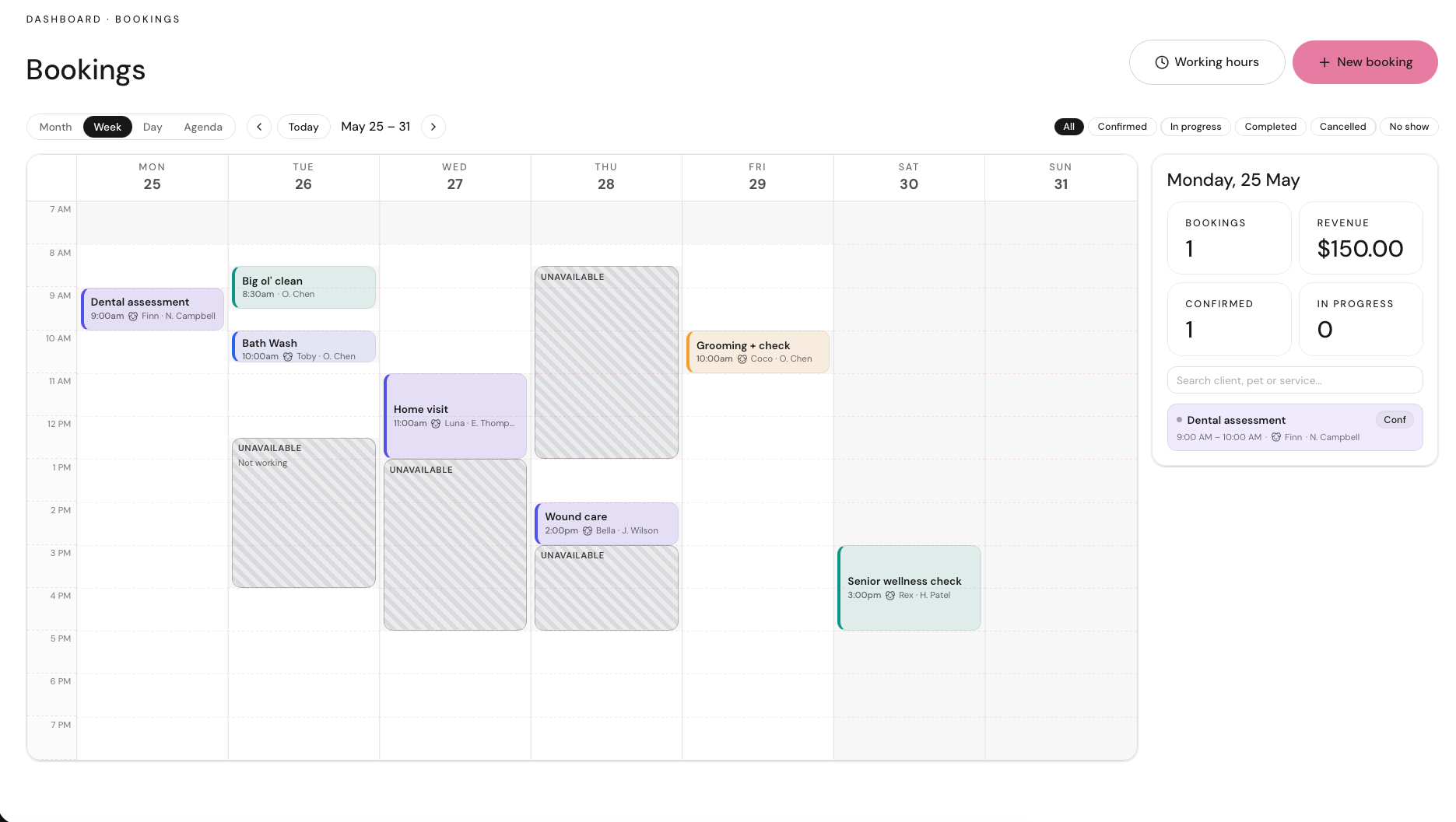 Weekly bookings calendar with the week’s visits and a day summary
