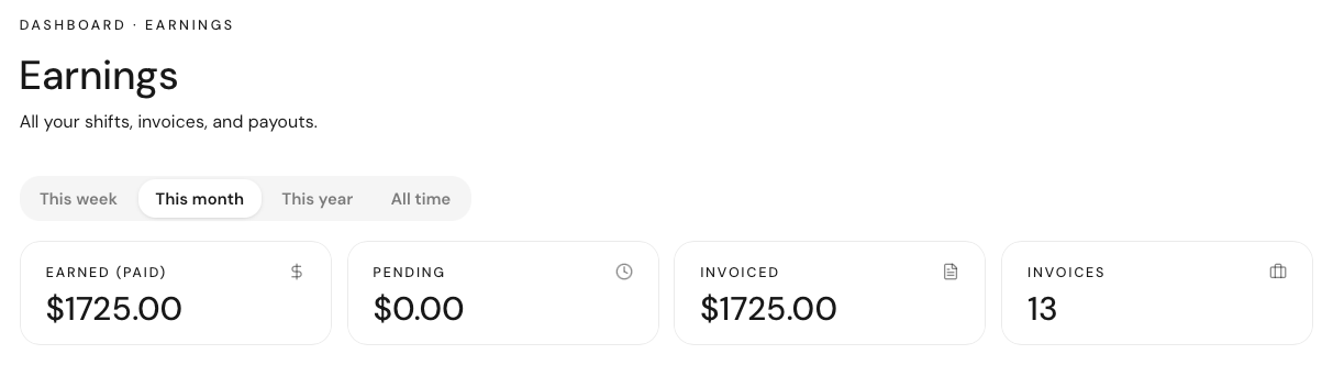 Earnings overview — earned, pending, invoiced and invoice count