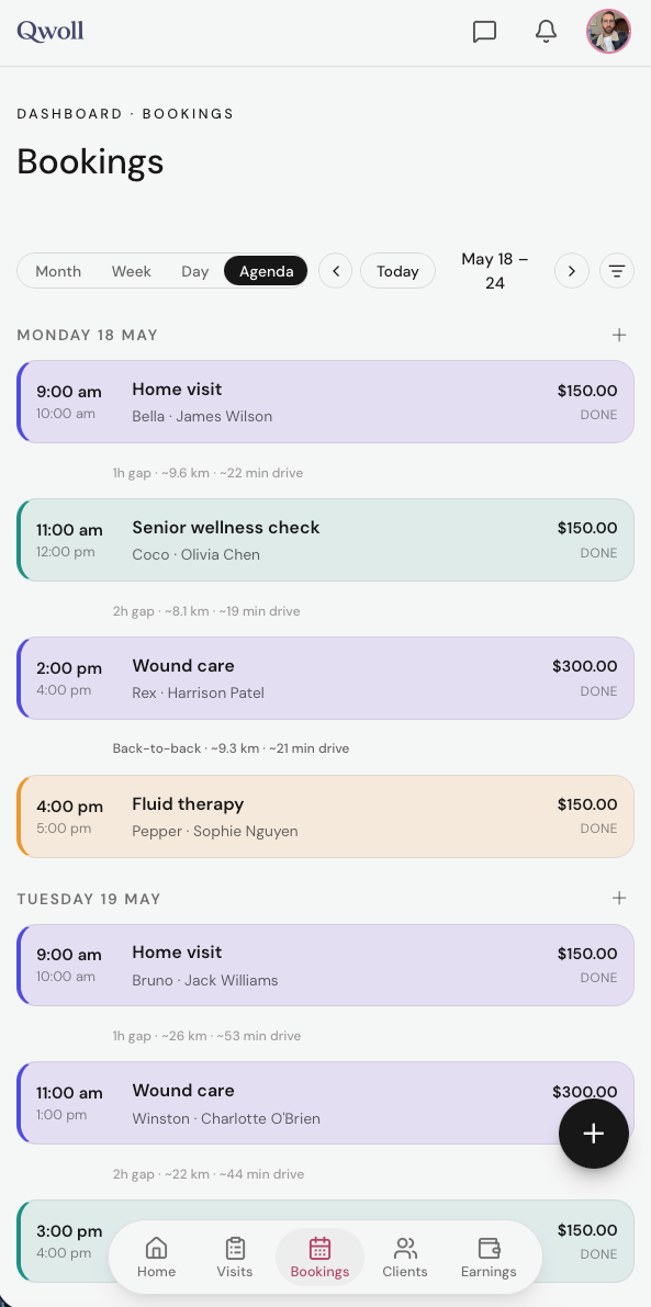 Mobile bookings agenda for the day on a phone, with drive times